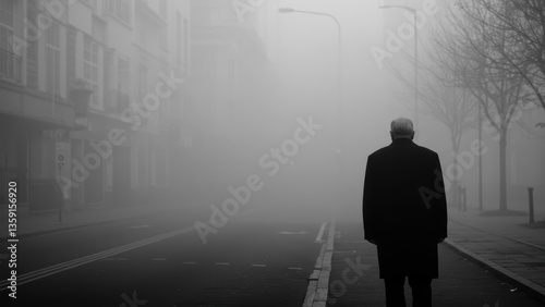 Elderly man walking on foggy city street alone, evokes loneliness and contemplation