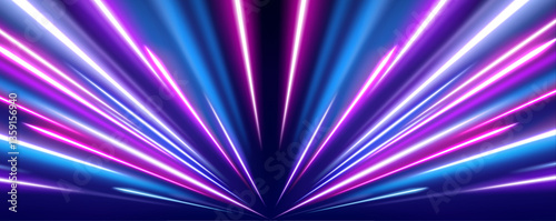 Neon stripes swirling like a drill, twisting in dynamic motion, featuring glowing blue and purple neon lines and vivid trails of light, symbolizing the concept of speed and high technology.	