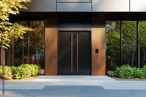 Entrance to a modern building, plants and trees in the background. Stock photo
