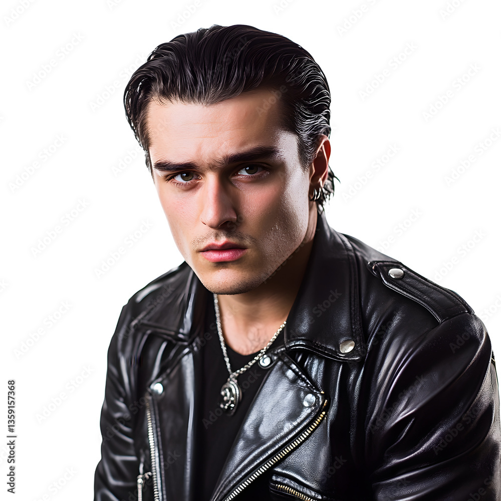 Intense gaze of a young man with slicked-back dark hair, in a black leather jacket and silver necklace, set against a stark white background.