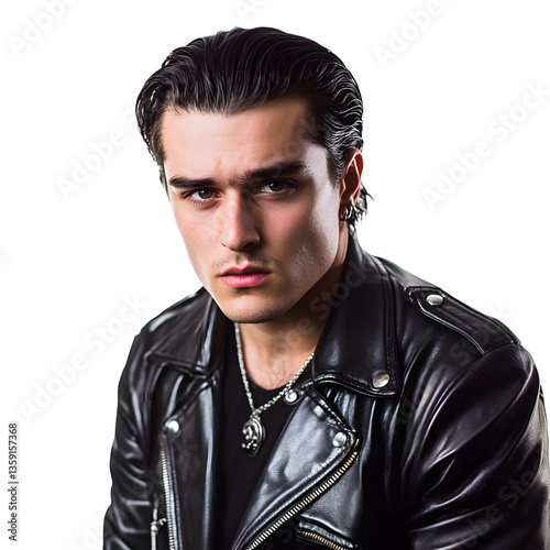 Obraz na płótnie Intense gaze of a young man with slicked-back dark hair, in a black leather jacket and silver necklace, set against a stark white background. w salonie