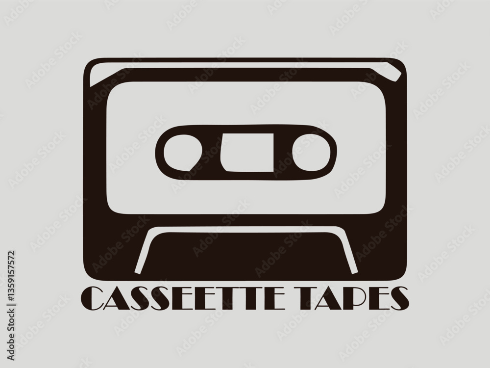 Stylized audio cassette tape illustration with a retro design, evoking nostalgia for vintage music, illustration cassette tape logo vector