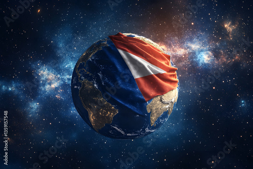 A 3D-rendered Cambodia flag wrapped around the Earth, symbolizing national pride and heritage, with a cosmic background of stars and galaxies.