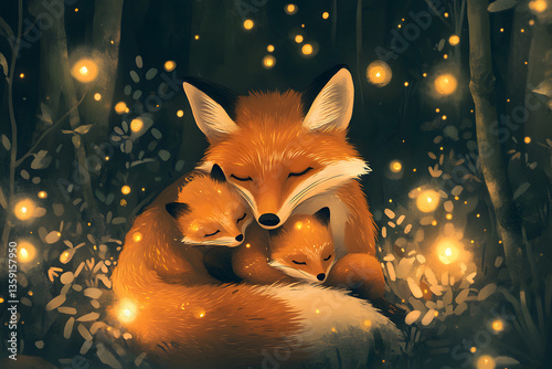 A delightful Mother’s Day card with a mother fox and her cubs snuggled together in a cozy forest, surrounded by glowing fireflies and soft handwritten text that says ‘You make the world warm, Mom 