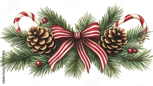 Festive Christmas garland with pine cones, candy canes, and bow.