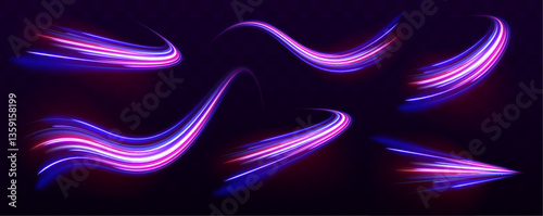 Vector illustration of blue abstract background with blurred magic neon light curved lines. High speed effect motion blur, abstract flash perspective vector set. Particle motion light effect. 