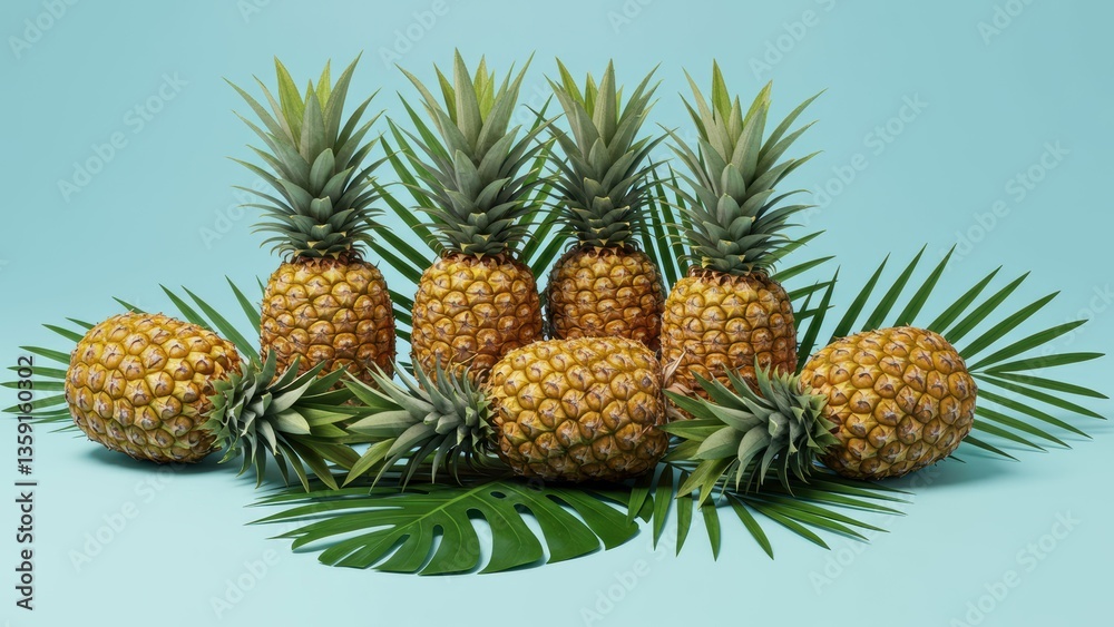Pineapples arranged with green leaves on a blue background Focus on freshness, healthy eating, and vibrant colors Pineapples arranged with green leaves on a blue background Focus on freshness, healthy eating, and vibrant colors