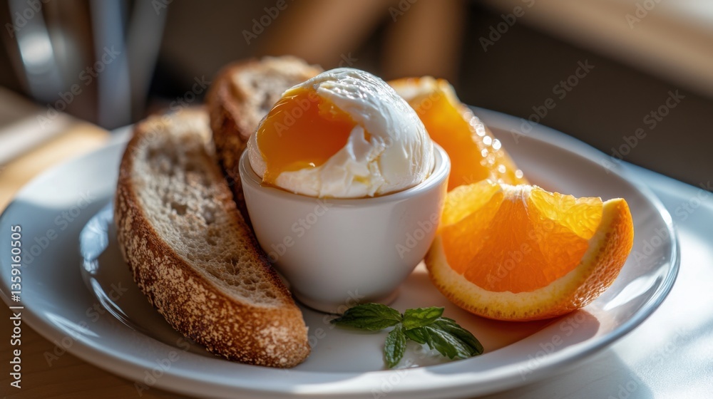 delicious poached egg breakfast with toast and orange slices delicious poached egg breakfast with toast and orange slices