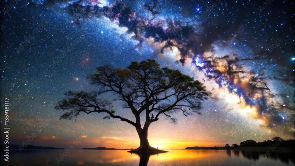 Fototapeta premium Silhouetted Tree Stands Tall Against a Vivid Milky Way Galaxy, Awe-Inspiring Night Sky, Stars, and Reflections in Calm Water
