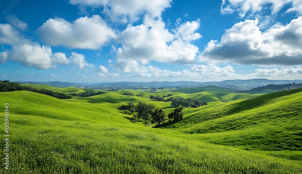 Obraz premium Beautiful green field under a blue sky with distant mountains and clouds, showcasing a peaceful rural landscape in spring
