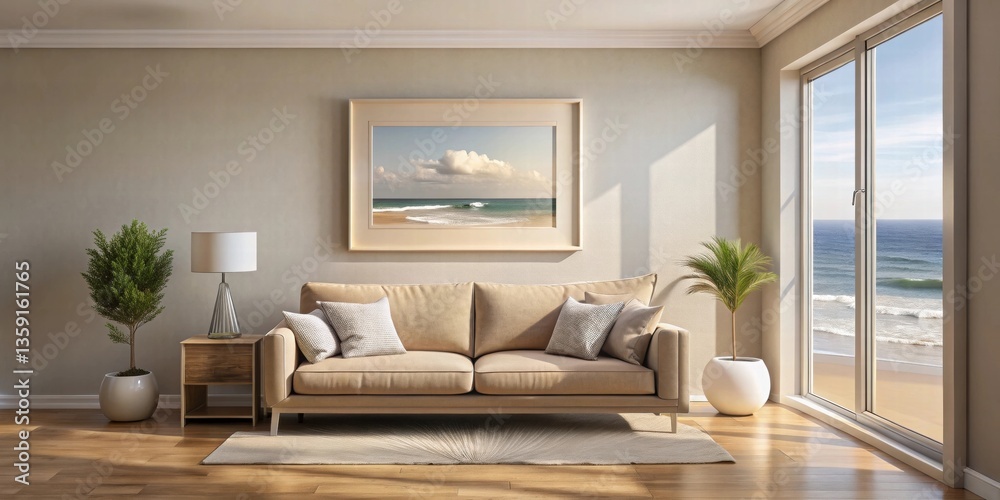 Fototapeta premium Coastal living room with beige sofa, framed beach scene, and large windows with an ocean view