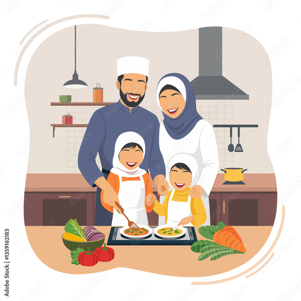 Flat Vector Illustration of a Happy Muslim Family Cooking In Kitchen Together, Cheerful Muslim Mom, Dad And Little Daughter Enjoying Preparing Lunch At Home Flat Vector Illustration of a Happy Muslim Family Cooking In Kitchen Together, Cheerful Muslim Mom, Dad And Little Daughter Enjoying Preparing Lunch At Home