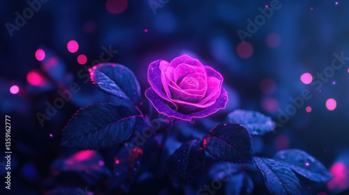 Fototapeta Naklejka Na Ścianę i Meble -  Stylish neon pink rose with real leaves, glowing in a dark abstract background. Modern floral concept for creative design.