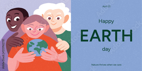 Group of diverse people gently holding Earth globe together. Concept of unity, care and responsibility for the planet. Flat vector illustration for International Mother Earth Day, ecological awareness