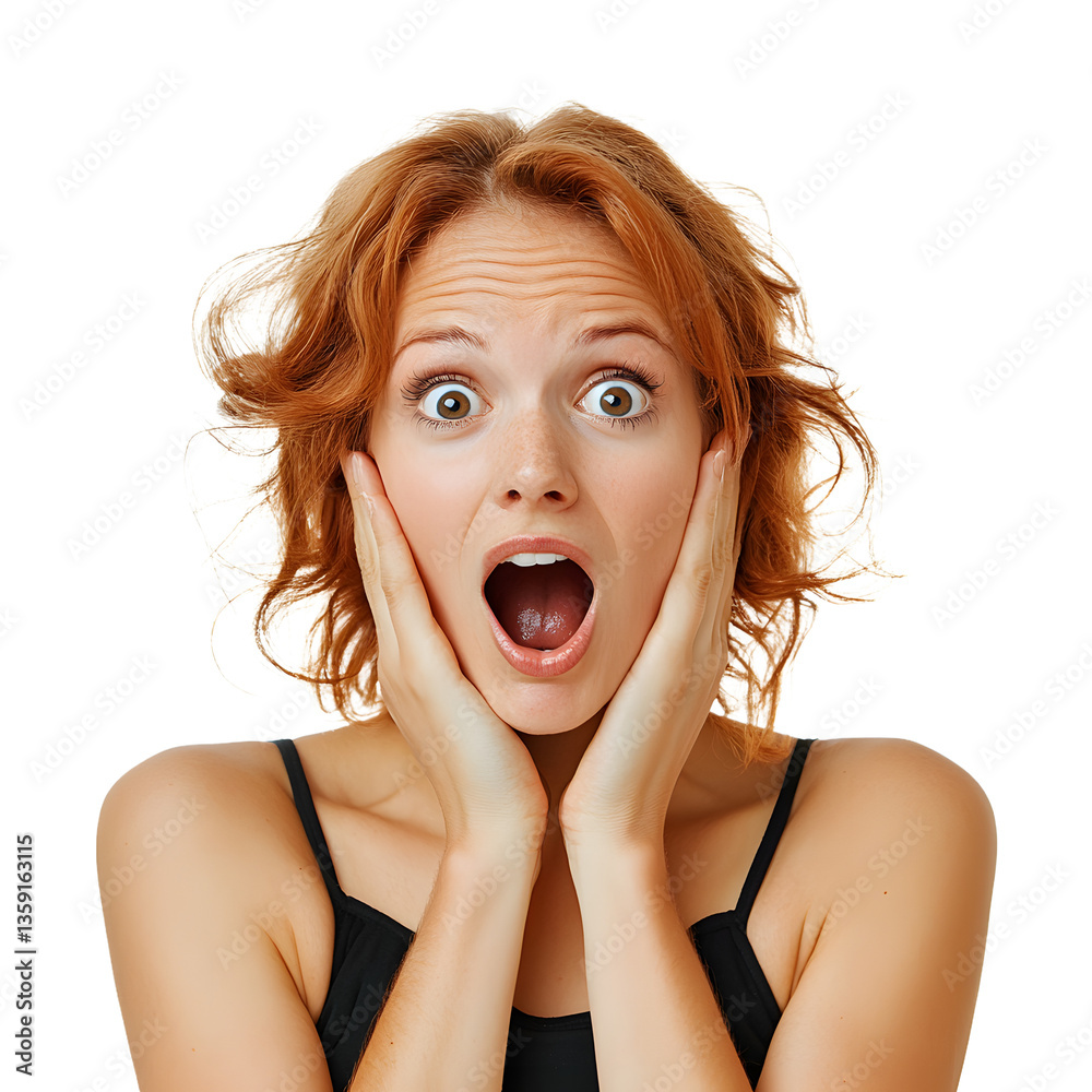Overwhelmed woman with shocked expression. Open mouth, widened eyes, and hands to her face suggests surprise and disbelief against a white background.