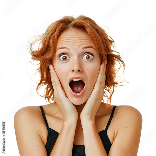 Overwhelmed woman with shocked expression. Open mouth, widened eyes, and hands to her face suggests surprise and disbelief against a white background.