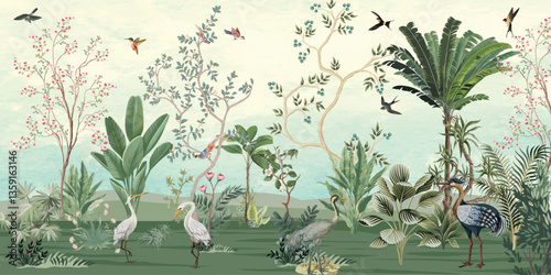 Hand painted wallpaper and fabrics, Tropical Wall Mural, Birds, Watercolor background.
