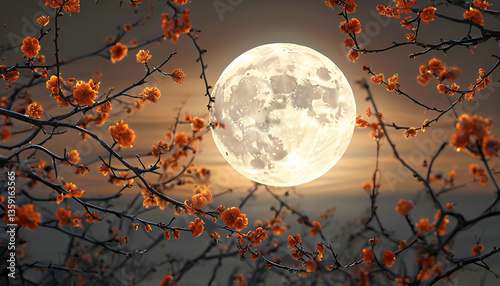 landscape with a full moon in the center of the composition, surrounded by branches with orange flowers. generative AI