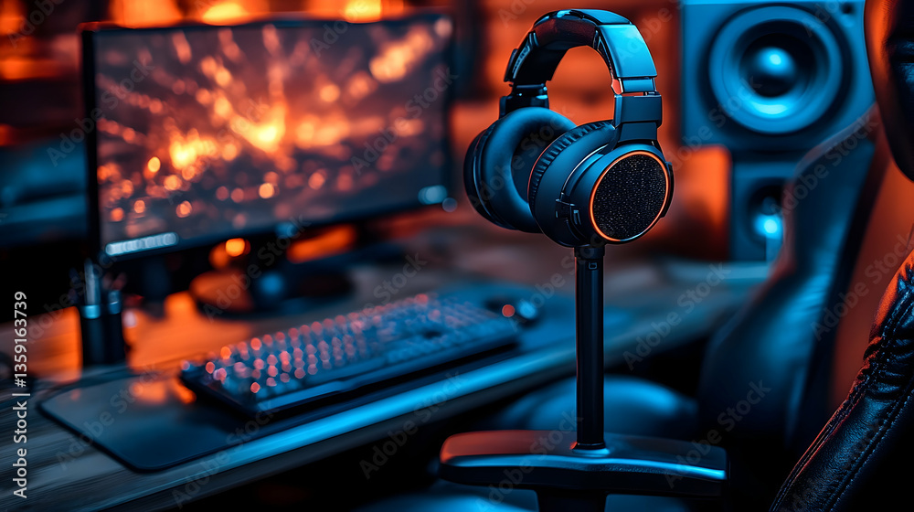 Obraz premium High-quality gaming headset on a sleek stand in a vibrant gaming setup with glowing lights
