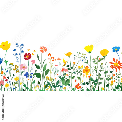 Wild flowers with green leaves border illustration watercolor colorful vector