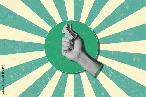 Modern art collage in retro style,, hand holding a stack of money. Financial development and income increase.