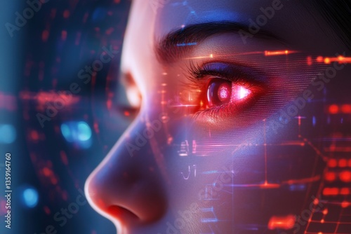 Close-Up of a Futuristic Woman Undergoing High-Tech Retinal and Biometric Scanning in a Cybernetic Digital Interface