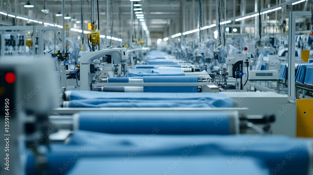 Obraz premium A modern textile production facility, featuring high-tech robotic sewing machines and automated fabric dyeing stations