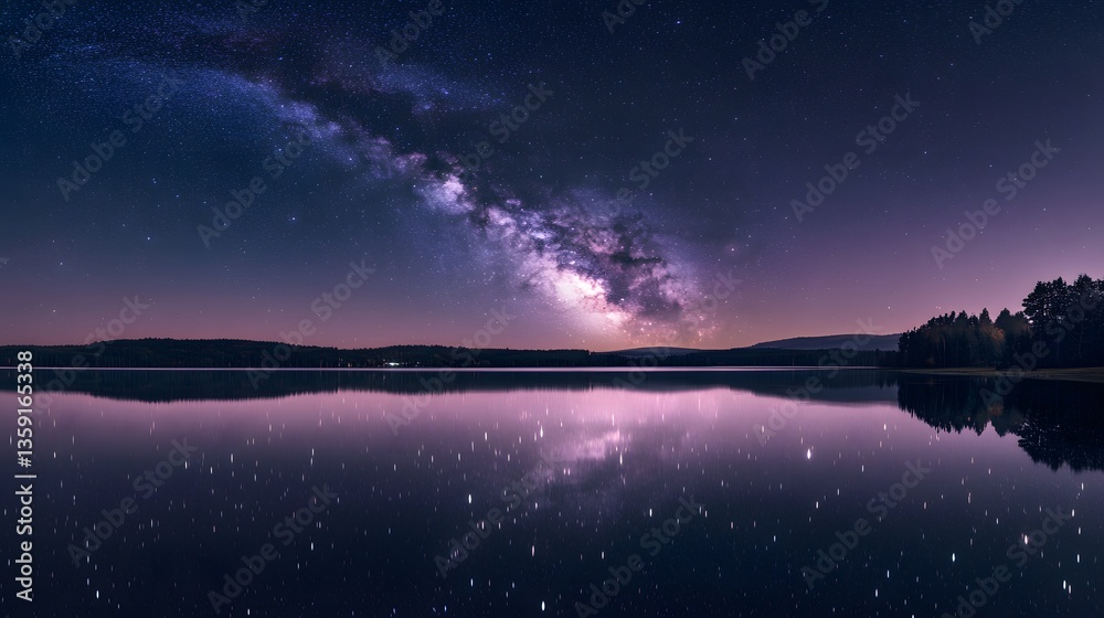 A mesmerizing view of the Milky Way over a calm lake, with stars reflecting on the water A mesmerizing view of the Milky Way over a calm lake, with stars reflecting on the water