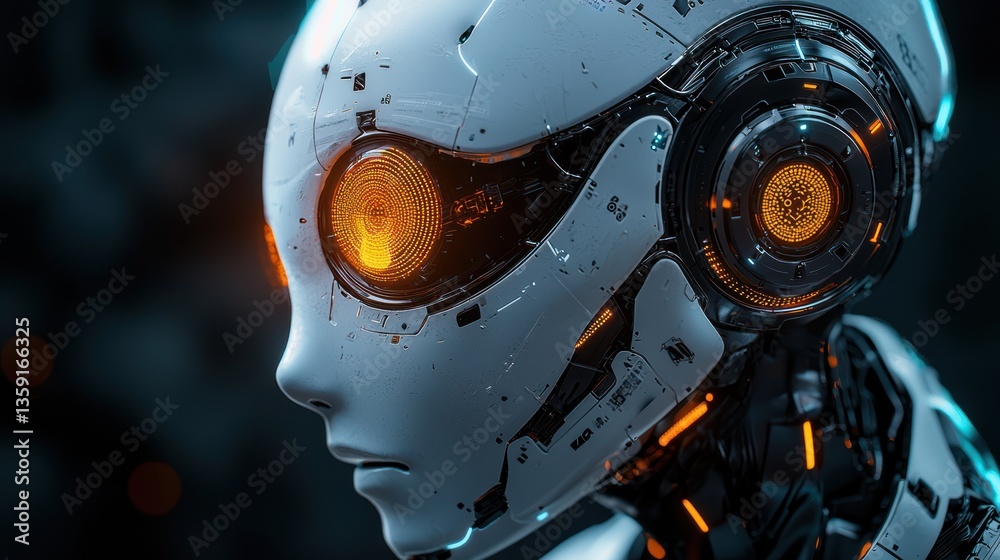 Fototapeta premium Close-up of futuristic robot head, profile view, dark background, glowing eyes