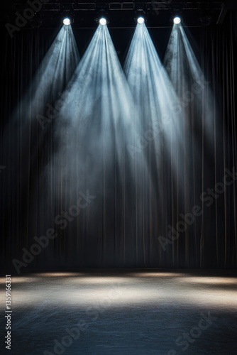 Bright stage lights illuminate darkened space, creating dramatic