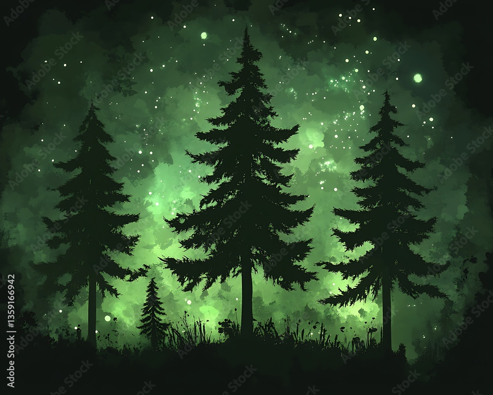 Obraz premium A beautiful green nighttime forest scene with silhouettes of trees