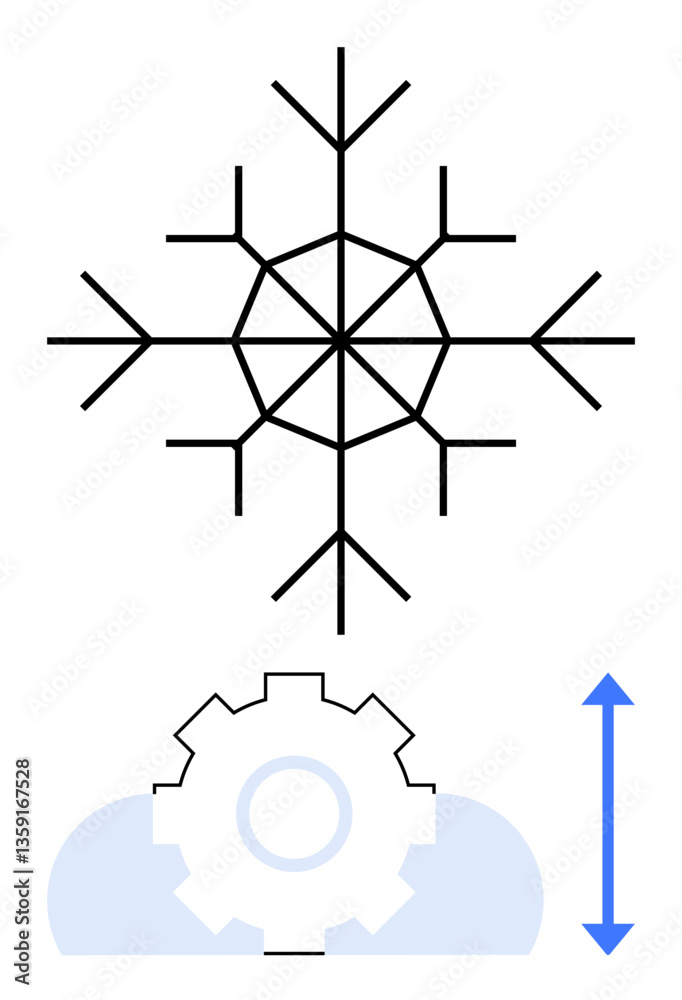 Snowflake shape above gear element with up and down arrow signaling change. Ideal for transformation, process, adaptation, winter, industry, mechanics, innovation. Flat simple metaphor Snowflake shape above gear element with up and down arrow signaling change. Ideal for transformation, process, adaptation, winter, industry, mechanics, innovation. Flat simple metaphor