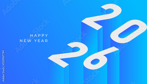 Happy New Year 2026 3d isometric futuristic gradient blue, celebration, greeting card, invitation, calendar concept. Design template post new year 2026.