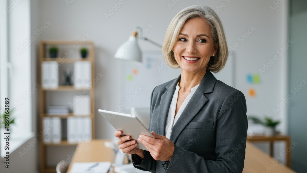 Caucasian middle aged woman smiling while holding tablet in modern office environment focusing on productivity Caucasian middle aged woman smiling while holding tablet in modern office environment focusing on productivity