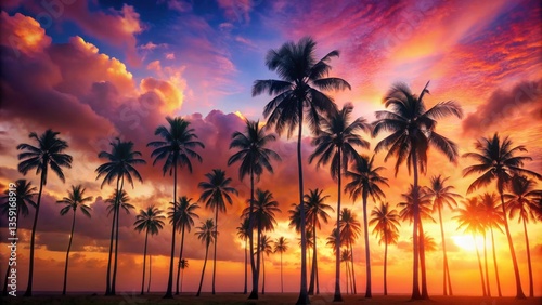 A fiery sunset paints the sky with vibrant hues, casting long shadows of silhouetted palm trees on the tropical horizon.