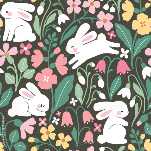 Seamless vector pattern with cute white rabbits on floral background. Hand drawn Easter bunny pattern. EPS 10 vector file. Perfect for textile, wallpaper or nursery print design.
