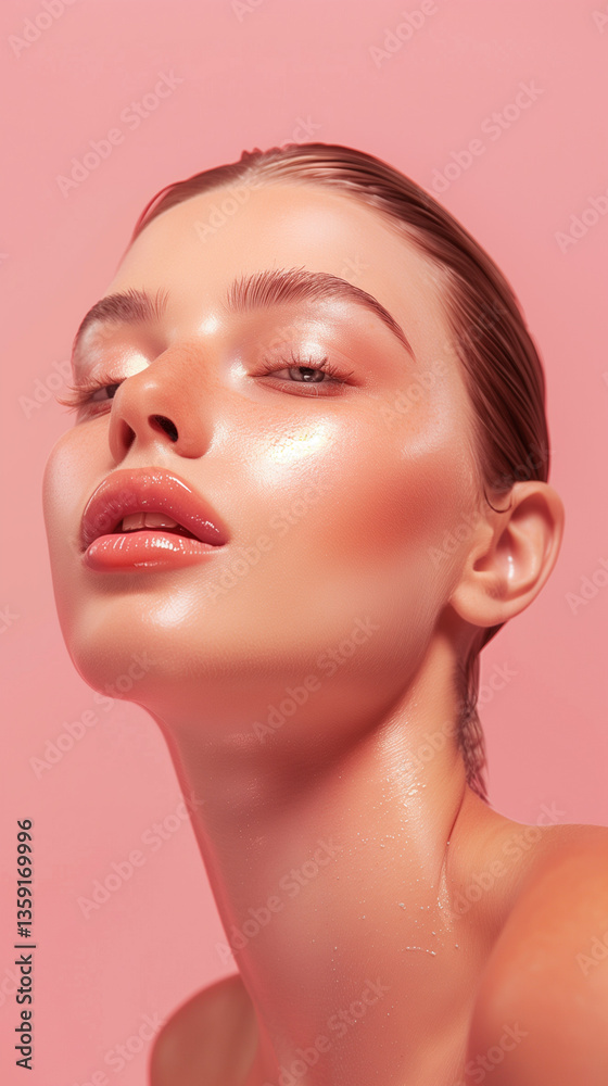 Close-up Portrait of Woman with Glossy Makeup and Wet Hair on Pink Background Close-up Portrait of Woman with Glossy Makeup and Wet Hair on Pink Background