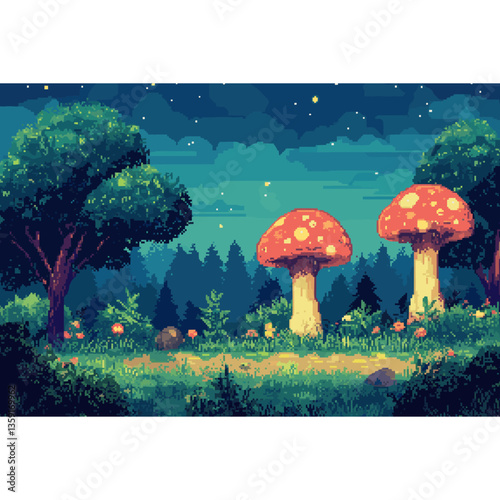 Pixel game illustration landscape mushrooms vector