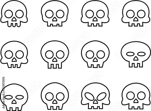 Skull vector icon set, abstract spooky design, pirate icons logo Halloween ghost graphic symbol, Symbols of poison and danger. Pirate flag attribute pictogram, isolated on transparent background.