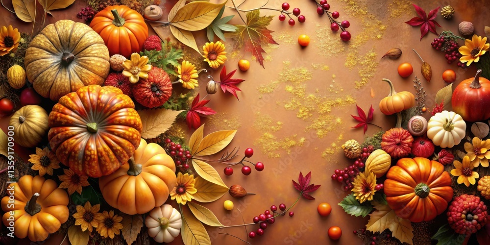 Fototapeta premium A Bountiful Harvest of Autumnal Delights, With Pumpkins, Leaves, Berries, and Flowers, Arranged in a Festive Display