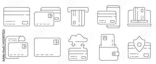 Icons Secure Financial Transactions, A Clean Line Art Illustration of Banking and Payment Methods