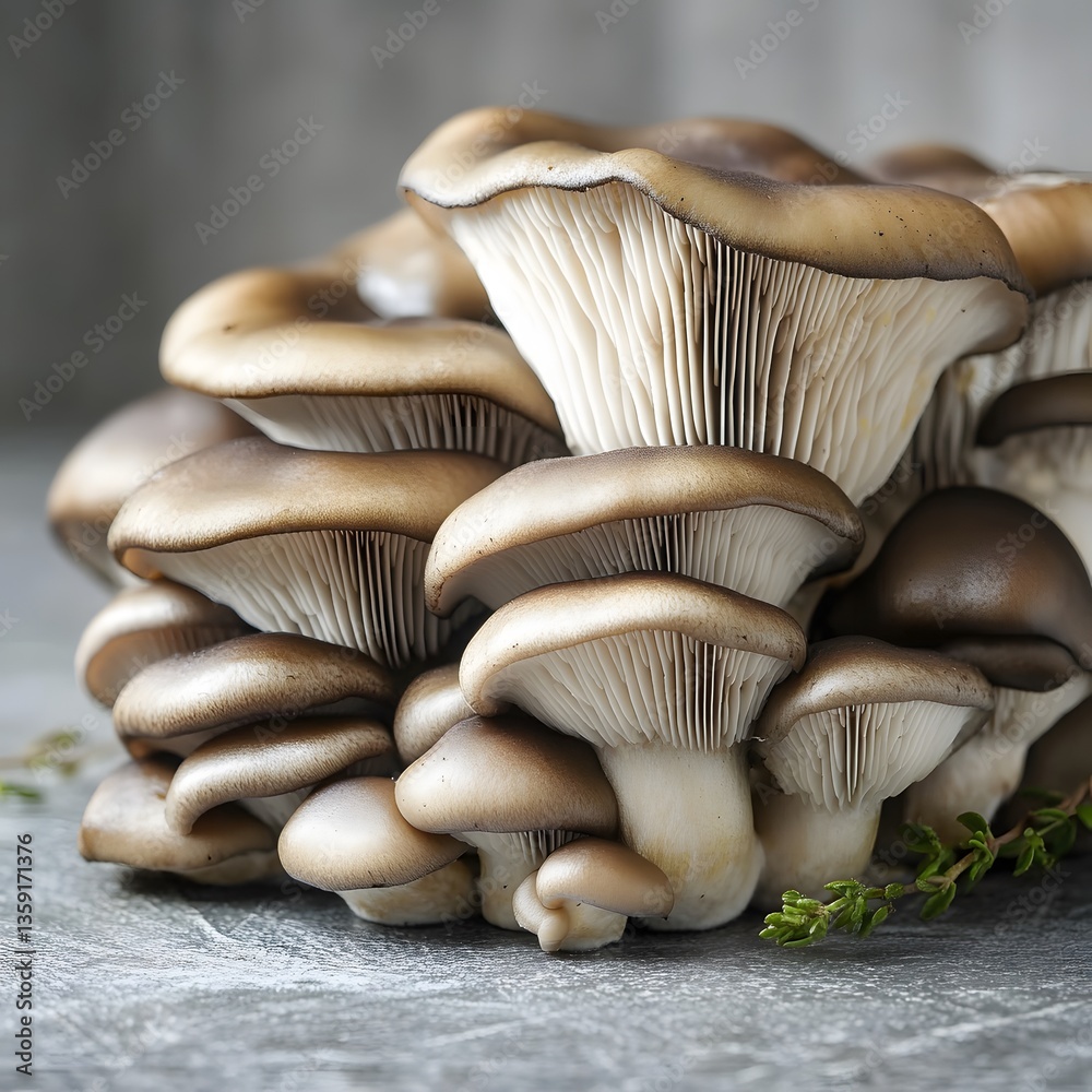 Closeup of Fresh Oyster Mushrooms Group on Grey Surface Closeup of Fresh Oyster Mushrooms Group on Grey Surface