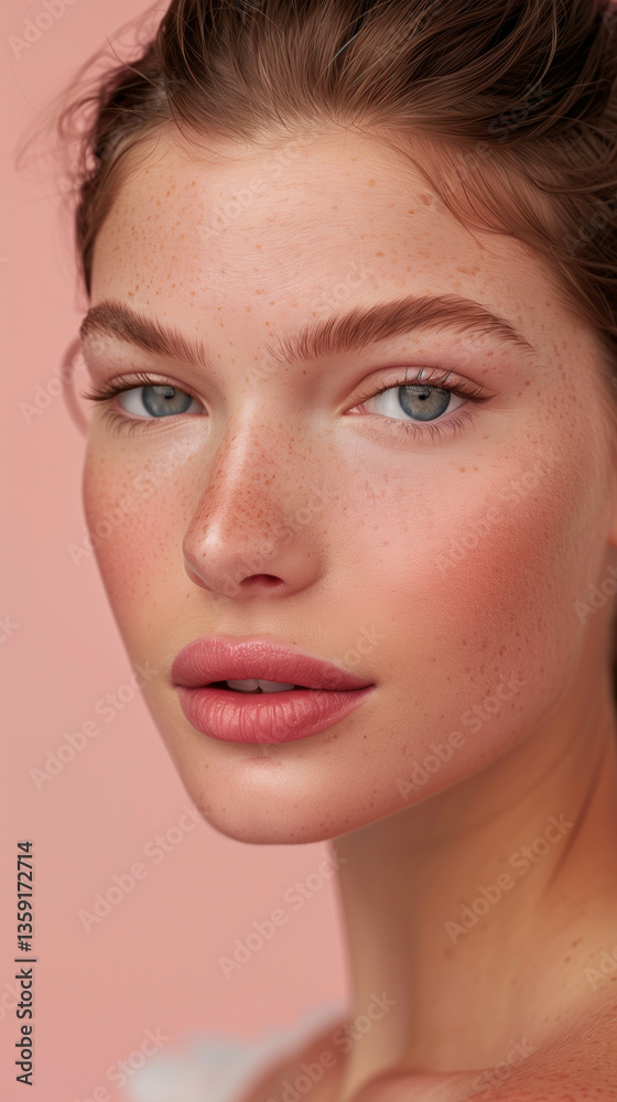 Portrait of a Beautiful Woman with Freckles and Blue Eyes on Pink Background Portrait of a Beautiful Woman with Freckles and Blue Eyes on Pink Background