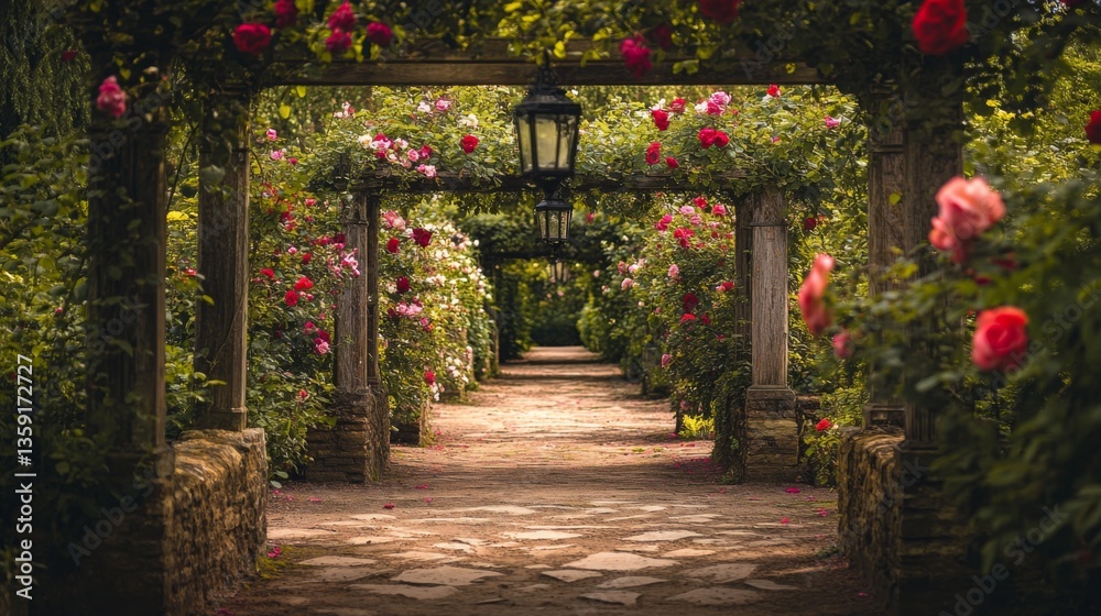 Obraz premium A beautiful garden path lined with blooming roses and greenery. It invites you to explore its tranquil beauty. Nature inspires relaxation and peace. Generative AI