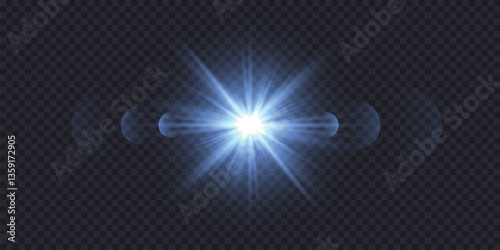 Realistic flashlight with bokeh effect on transparent background, glowing light burst with radiant beams and lens flare effect. Blue energy explosion overlay for sci-fi, tech png moonlight bg.