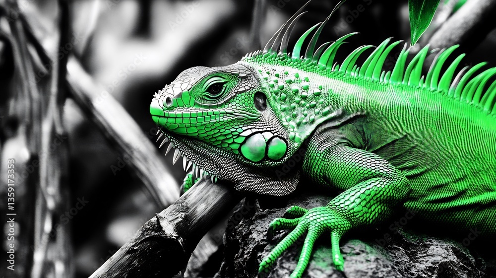 Fototapeta premium Neon green lizard resting on a desaturated rock its scaly skin gleaming in contrast