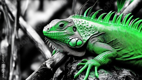 Neon green lizard resting on a desaturated rock its scaly skin gleaming in contrast