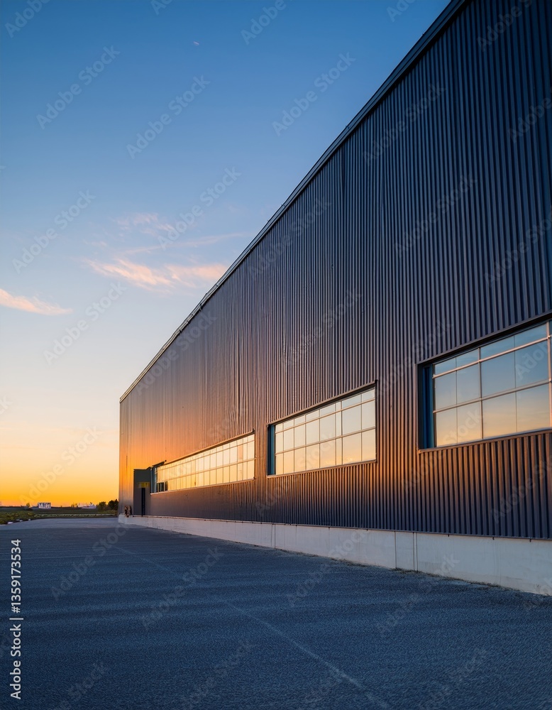 Obraz premium Modern Industrial Warehouse at Sunset with Clear Sky