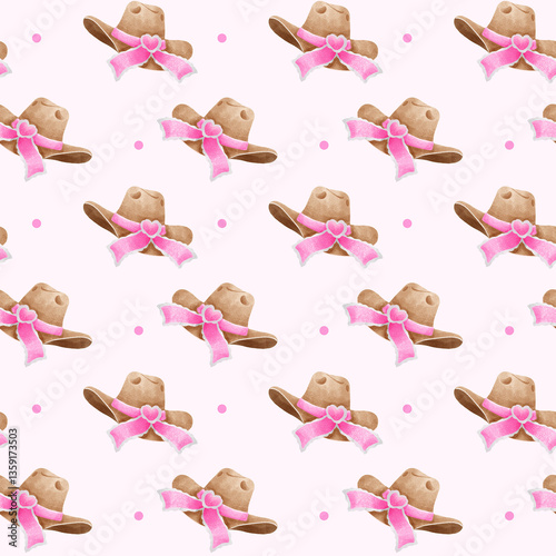 Romantic repeating pattern of brown cowboy hats decorated with pink heart bows on pale pink backdrop with dots