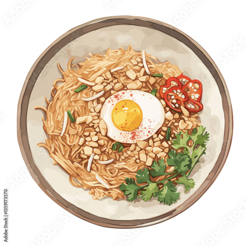Pad Thai on plate watercolor noodles style vector